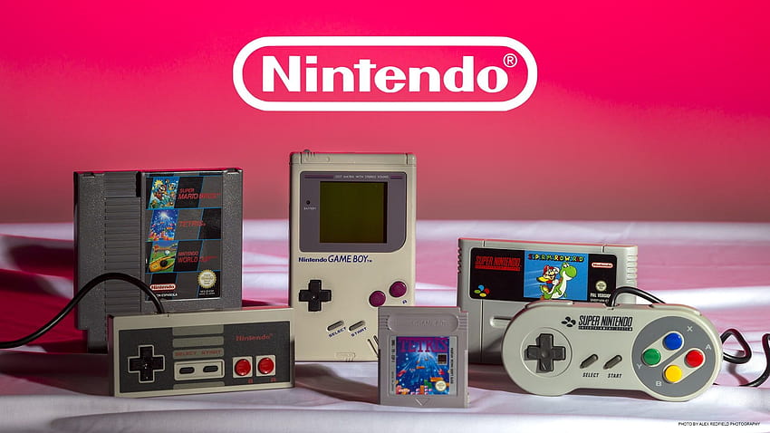 คอนโซล Nintendo Game Boy สีเทาและคาร์ทริดจ์พร้อมข้อความซ้อนทับ Nintendo Retro วอลล์เปเปอร์ HD