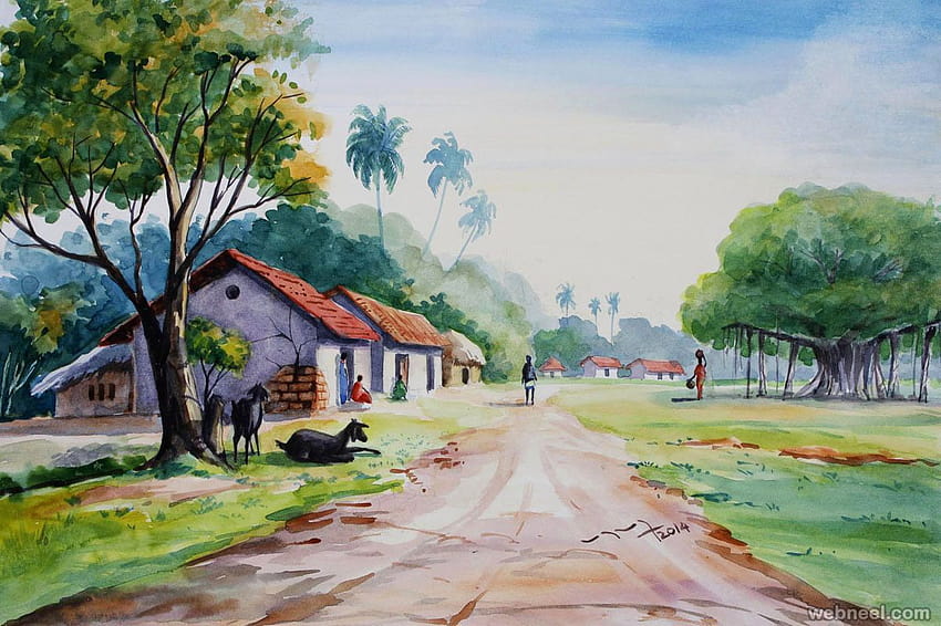 Watercolor Painting Ideas Of Village Life HD wallpaper