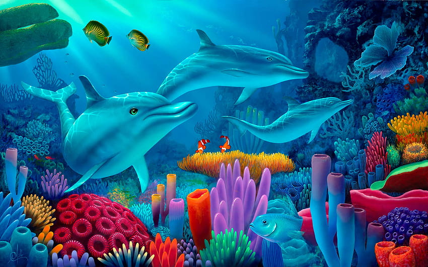 dolphins underwater HD wallpaper
