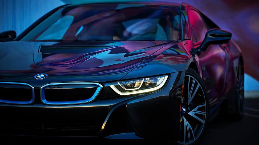 Berlina BMW nera, auto, BMW I8, ciano, rosa, bagliore al neon, veicolo a motore • Per te Sfondo HD