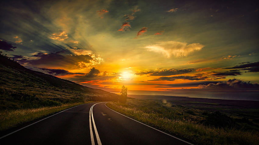 piękny, pas startowy, zachód słońca w drodze, niebo, autostrada, tło, D616yo Tapeta HD
