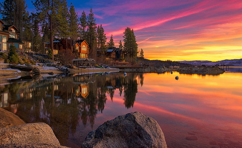 paisaje, lago, casa, rocas, puesta de sol, cielo, nubes, lago, Tahoe, Estados Unidos y s móviles, casa del lago fondo de pantalla