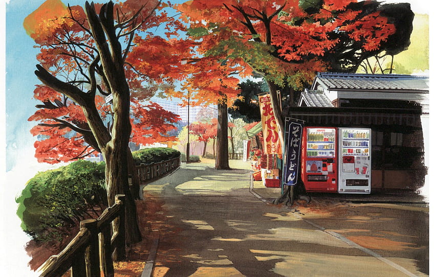 musim gugur, pohon, jalan, Jepang, bayangan, tanda, toko, seni, kusanagi , bagian прочее, pemandangan musim gugur seni Wallpaper HD