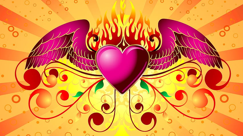 Pink Heart with Wings with Fire Design [1920x1080] for your , Mobile & Tablet HD wallpaper
