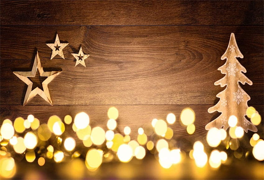 Amazon.com: CS - s de estrellas en pared de madera rústica, color dorado, bokeh, halos, gráfico, árbol de Navidad desenfocado, decoración navideña, celebración de año nuevo, accesorios de estudio, poliéster: Electronics, christmas light rustic fondo de pantalla