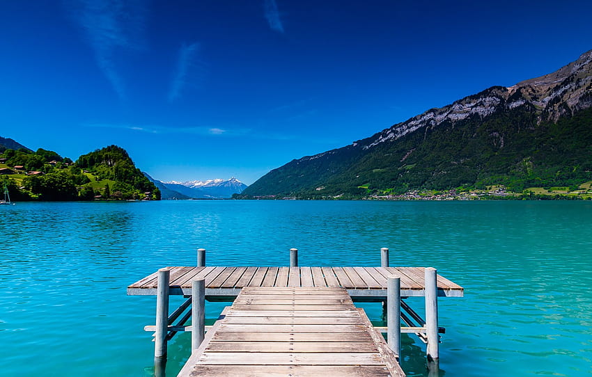 ภูเขา ทะเลสาบ ผ่อนคลาย เงียบสงบ สวิตเซอร์แลนด์ สะพาน Iseltwald หมวด пейзажи ทะเลสาบสวิสแอลป์ วอลล์เปเปอร์ HD