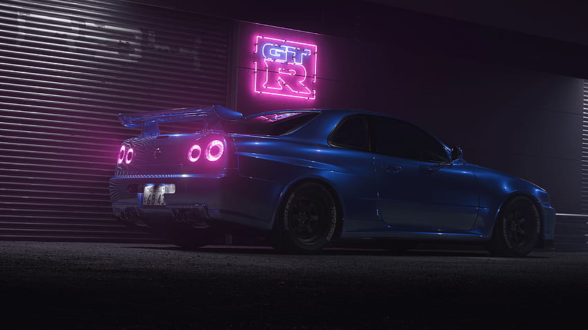 Nissan Skyline Gtr R34 Mavi Gece Neon Farlar HD duvar kağıdı