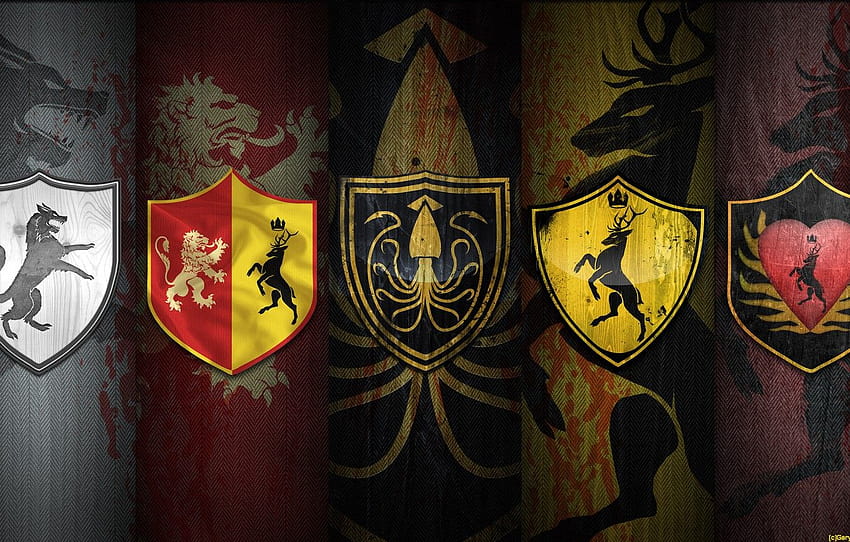 wolf, Leo, deer, octopus, coat of arms, A Song of Ice and Fire, Game of thrones, Stark, Game of thrones, A song of ice and fire, Stark, Greyjoy, Greyjoy, Baratheon, Baratheon, coat of arms shields HD wallpaper