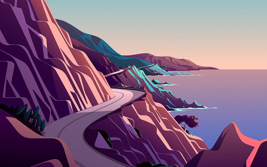 Coastline , Mountain pass, Road, Morning, Daylight, Scenery, Illustration, Nature HD wallpaper