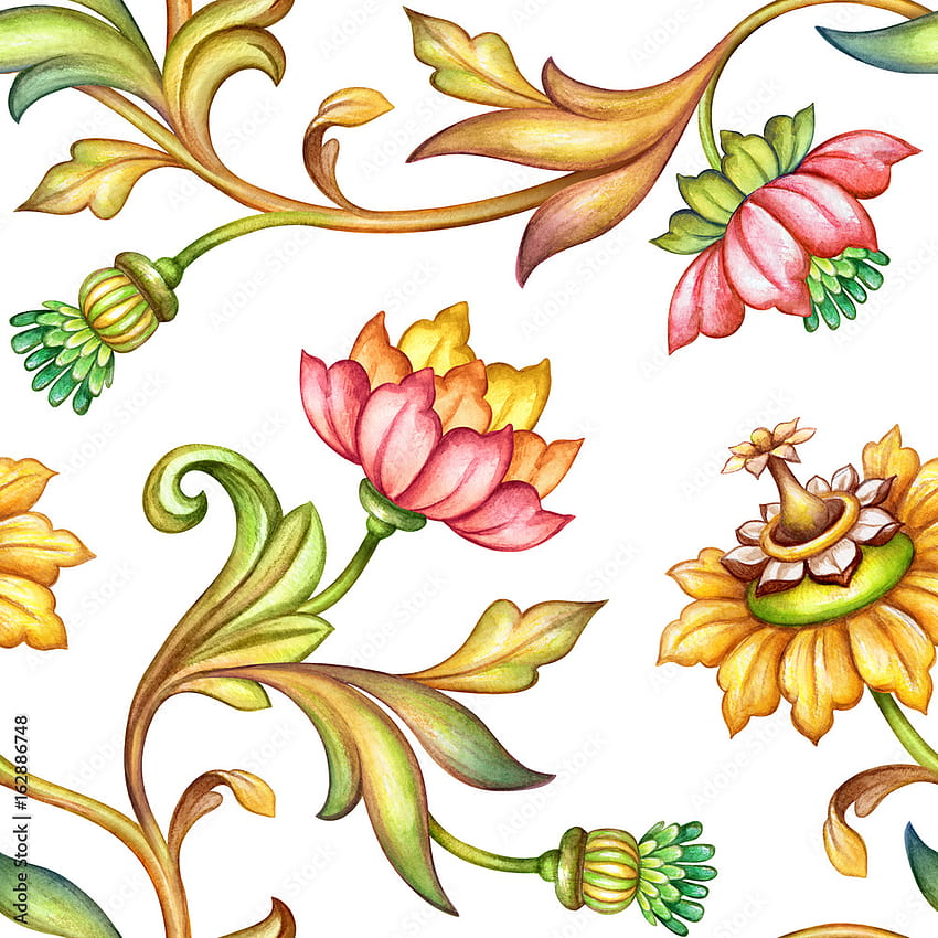 원활한 꽃 패턴, 중세 배경, 수채화 손으로 그린 ​​, 화려한 꽃과 잎, 빈티지 식물학 스톡 HD 전화 배경 화면