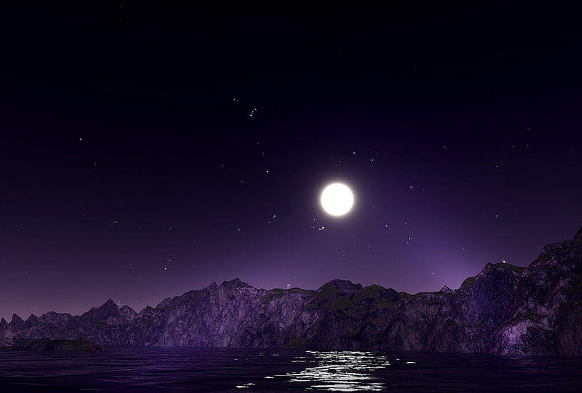 하늘: 하늘 달 물 반사 별 평온 밤 자주색 산, 밤 달 HD 월페이퍼