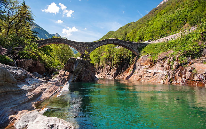 sungai, jembatan, jembatan lengkung, gunung, lereng, ponte dei salti swiss Wallpaper HD