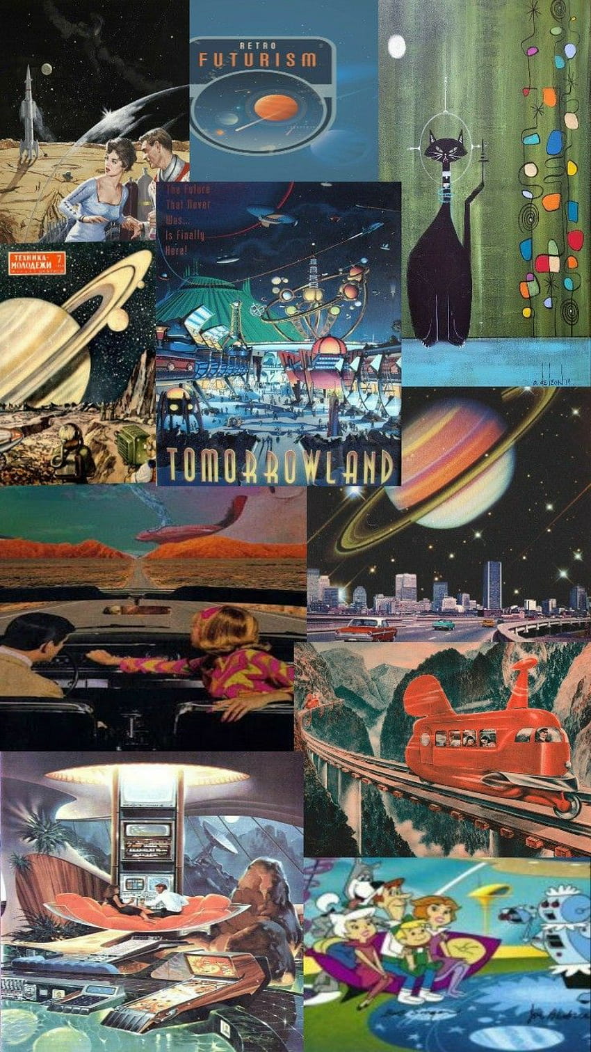 Atompunk retro futurismo estético collage, retrofuturismo fondo de pantalla del teléfono
