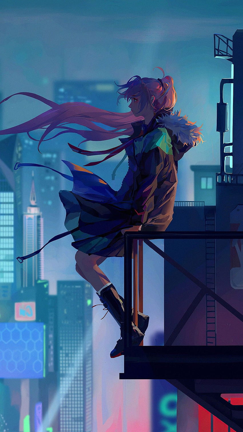 Chica anime de la ciudad sola, chica anime sola fondo de pantalla del teléfono