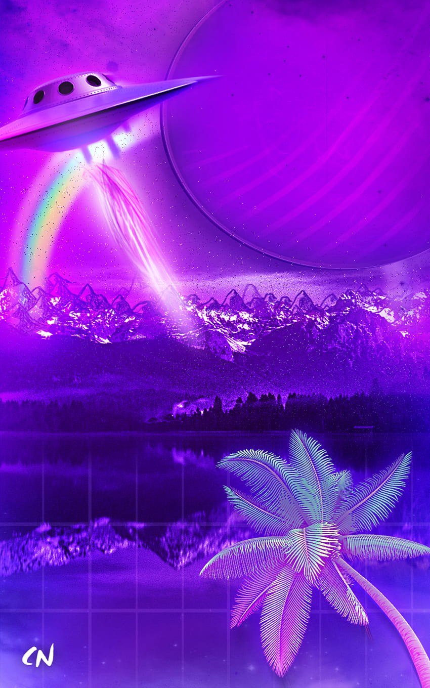 : fioletowe tło, różowe tło, palmy, planeta, szczyt góry, styl retro, grafika, sztuka cyfrowa, futurystyczny 800x1280, najlepsze retro Tapeta na telefon HD