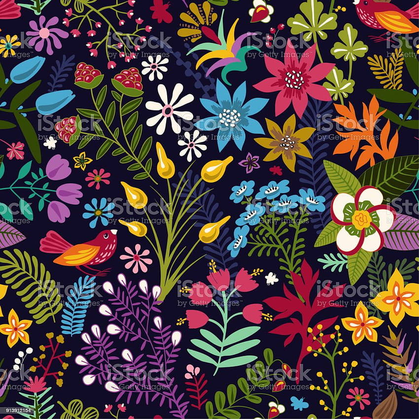 Vector Seamless Pattern With Stylized Flowers And Plants Bright Botanical Many Colorful Flowers On The Dark Backdrop Stock Illustration HD phone wallpaper