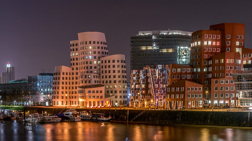 Germany Dusseldorf Night Berth Rivers Cities Houses 2560x1440 HD wallpaper