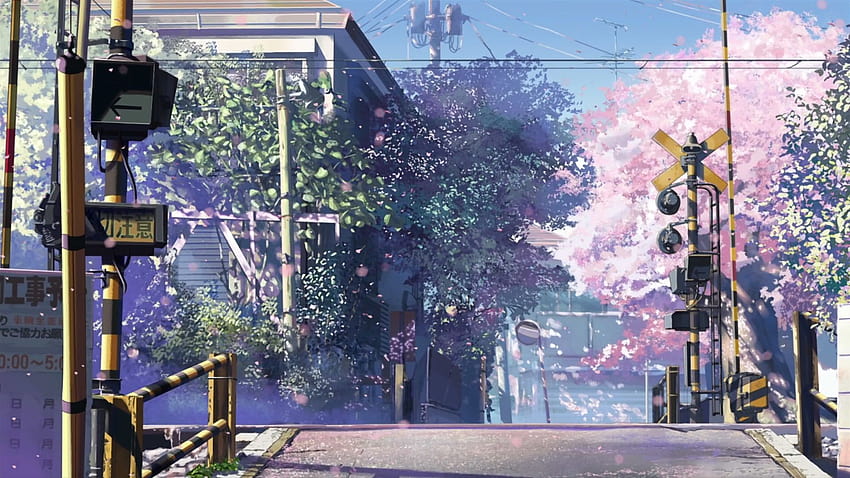 1920x1080 Strade di fiori di ciliegio Binari ferroviari Makoto Shinkai, stile anime makoto shinkai 3120x1440 Sfondo HD