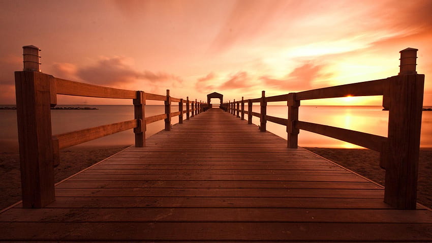 Boardwalk at Sunset, pier at sunset HD wallpaper