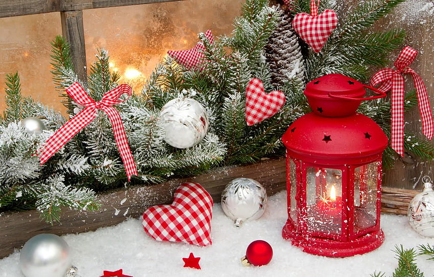 winter, snow, holiday, heart, star, candles, christmas lantern HD wallpaper