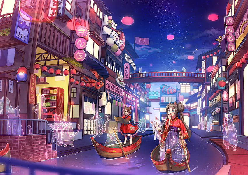 anime girls, anime city, fantasy city, animal ears, Japanese clothes, cat  girl, ghosts 1700x1202, japanese anime city HD wallpaper | Pxfuel