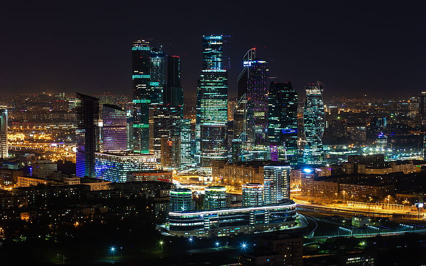 3840x2400 kota malam, gedung pencakar langit, lampu kota, lanskap kota moskow rusia Wallpaper HD