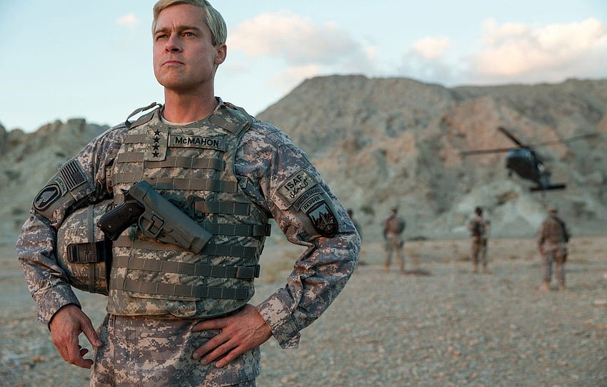 bioskop, pistol, pistol, Brad Pitt, tentara, senjata, film, helikopter, film, War Machine, Netflix untuk, film angkatan bersenjata Wallpaper HD