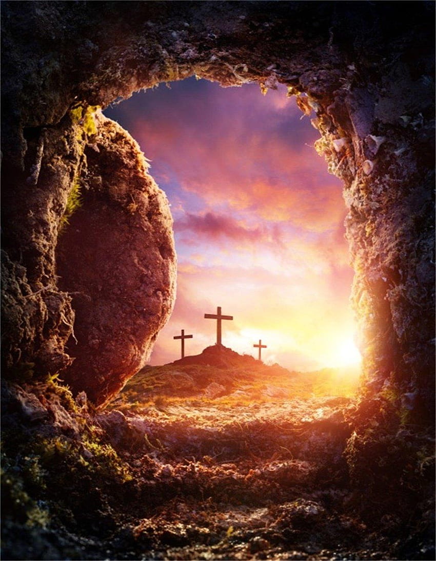 AO 7x9ft Crucifixion Resurrection of Jesus Christ Backdrop Salvation Cross Graphic Backgrounds Tomb Cave Sunrise Glimmers of Hope Studio, jesus christ come back HD-Handy-Hintergrundbild
