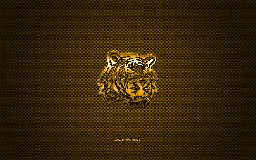 Logo LSU Tigers, squadra di football americano, NCAA, logo giallo, giallo in fibra di carbonio, football americano, Baton Rouge, Louisiana, USA, LSU Tigers, Louisiana State University con risoluzione 2560x1600. Alto Sfondo HD