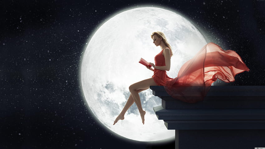 Woman Reading by Moonlight, women sea moonlight HD wallpaper
