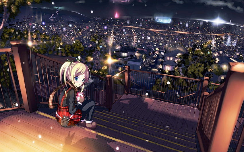 : lights, street light, city, night, anime girls, building, anime rooftops building night HD wallpaper