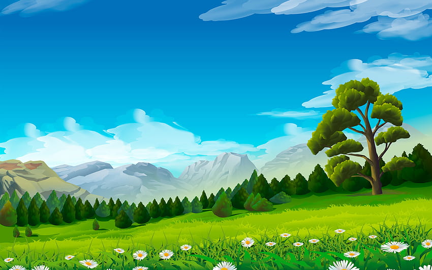 Trees, chamomile, grass, mountains, vector 2880x1800 , vector nature HD wallpaper