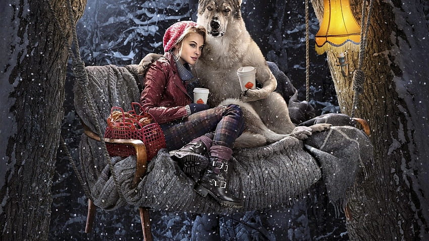 Red Riding Hood, wolf, drink coffee, forest, night, tree, coffee dog HD wallpaper