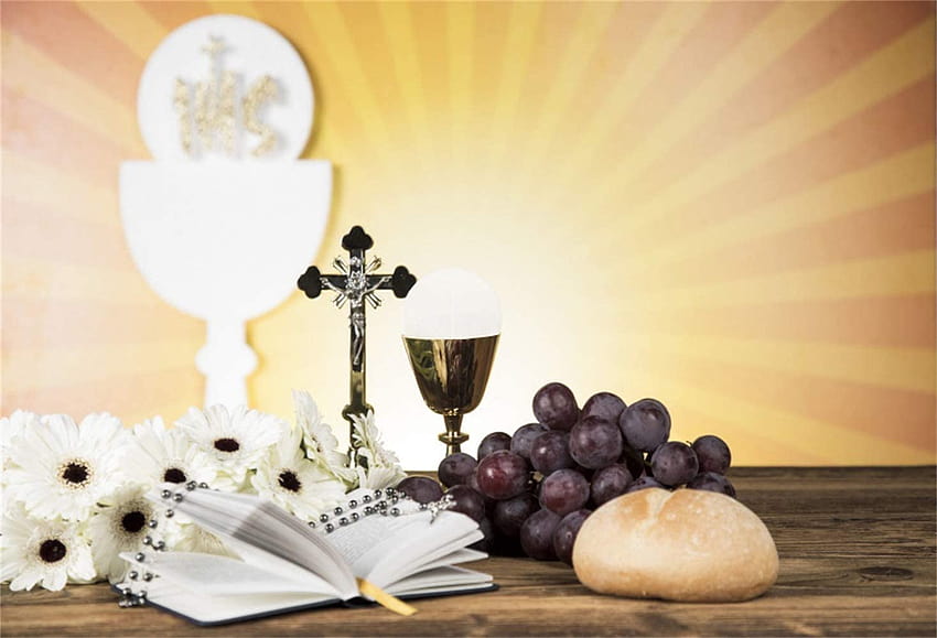 Amazon : Leowefowa Holy Communion Backdrop 7x5ft Crucifix Flowers Chalice Bread Rosary Grapes Holy Light Vinyl graphy Backgrounds Communion Party Baby Baptism Banner Eucharist : Electronics, first communion HD wallpaper