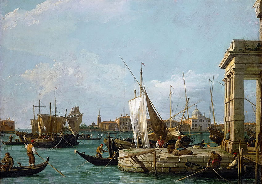 Włochy Canaletto Dogana w łodziach kanałowych w Wenecji Tapeta HD