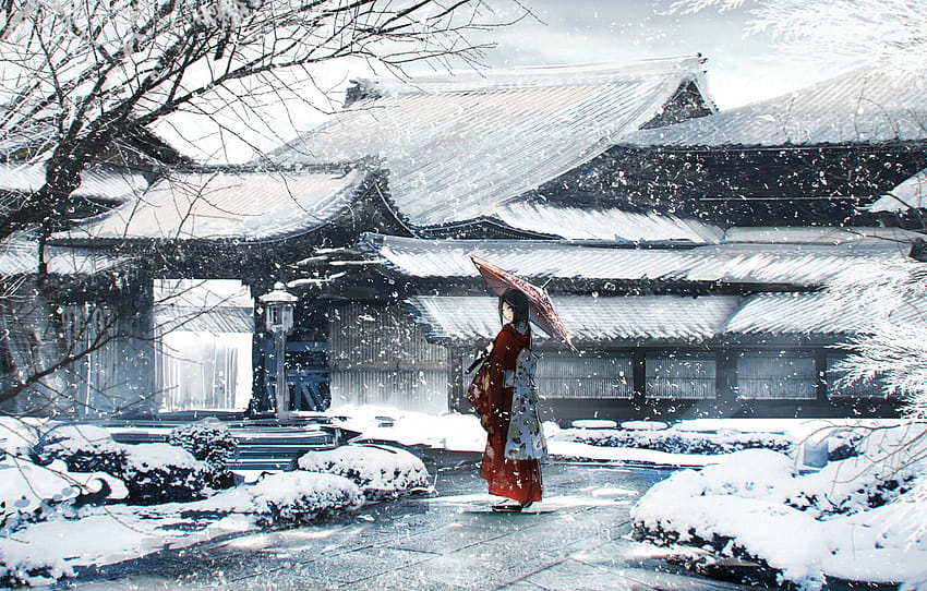 musim dingin, gadis, payung, yukata, Epona , bagian арт Wallpaper HD