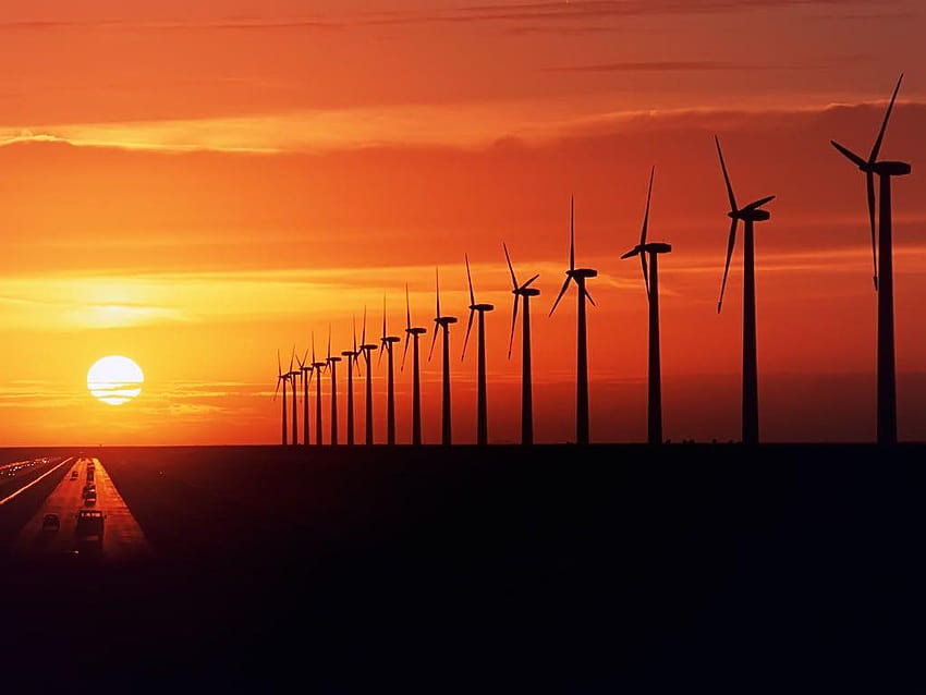 Pôr do sol da fazenda de turbinas eólicas, energia eólica papel de parede HD
