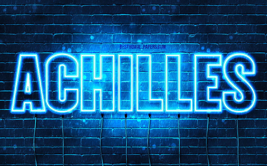 Achilles, with names, horizontal text, Achilles name, Happy Birtay Achilles, blue neon lights, with Achilles name with resolution 3840x2400. High Quality HD wallpaper