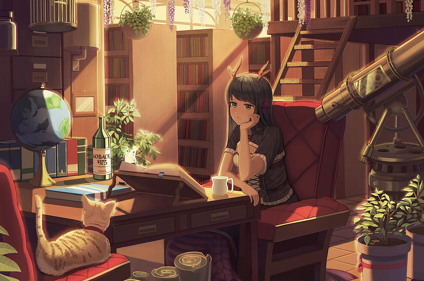 2560x1700 Anime Girl, Horns, Neko, Room, Books, Library, Studying for Chromebook Pixel, anime study HD wallpaper