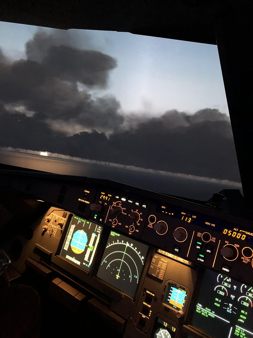 Pemandangan matahari terbenam di Airbus A320 Cockpit : pics wallpaper ponsel HD
