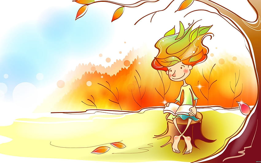 Girl Reading Book In Autumn Season Cartoon HD wallpaper | Pxfuel