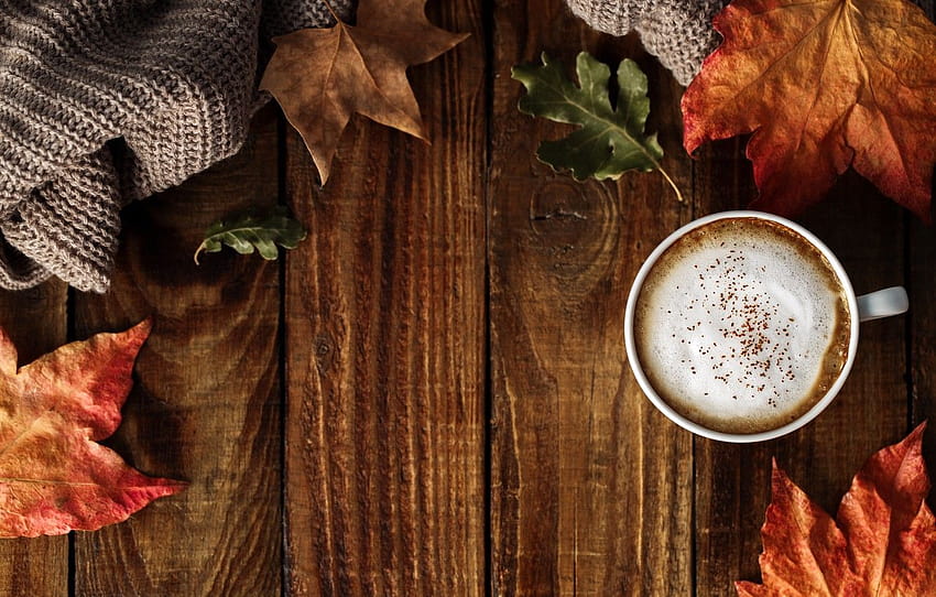 autumn, leaves, background, colorful, wood, background, autumn, leaves, cup, coffee, autumn, a Cup of coffee, maple , section еда, autumn and coffee HD wallpaper