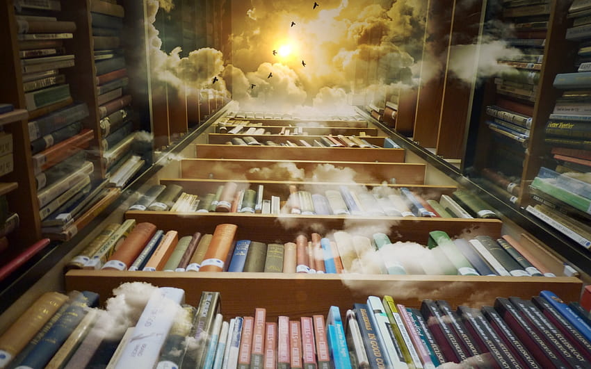 Библиотека с книги Fantasy Cloud Mystical Magical, библиотечни книги HD тапет