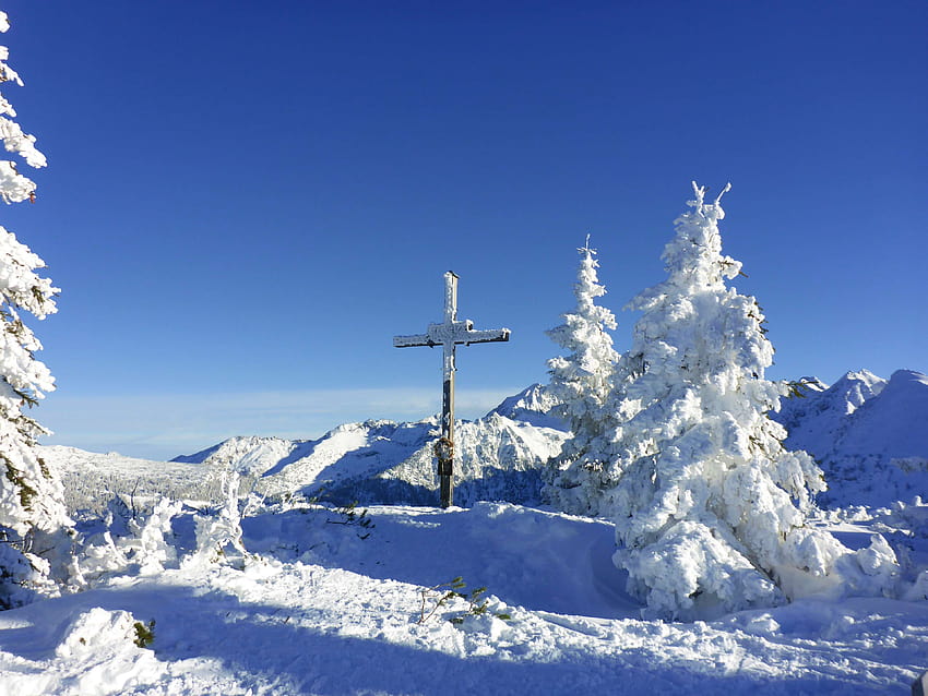 алпийски, австрия, студ, кръст, леден, планини, частично облачно, алпийска зима HD тапет