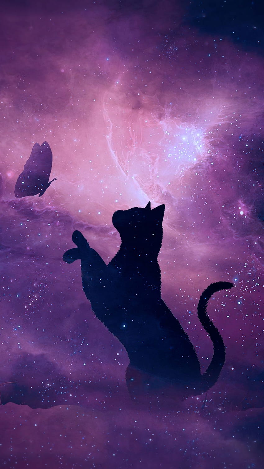 black cat, silhouette, cat, art, violet, cat art HD phone wallpaper