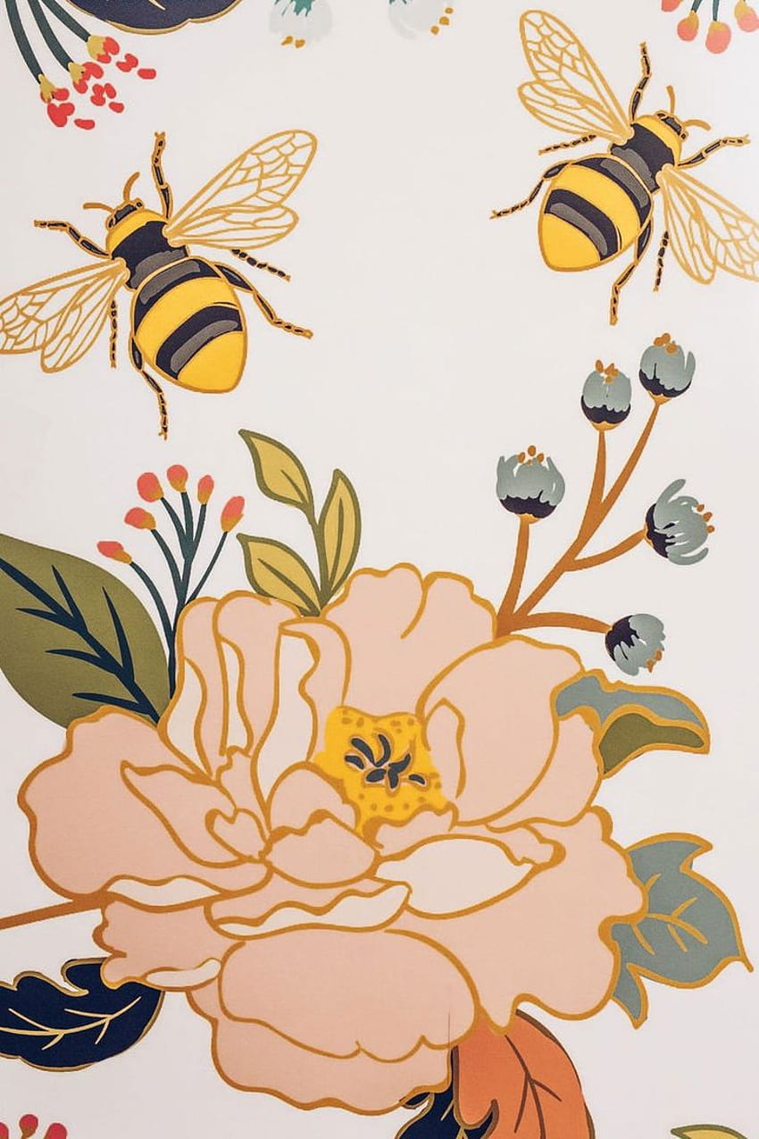 Muster mit wilden Honigbienen und Blumen HD-Handy-Hintergrundbild