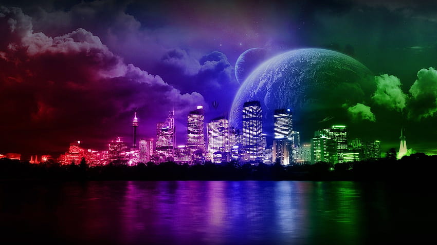 2560x1440 agua nubes espacio exterior ciudad planetas coloridos arcoíris ciencia ficción 1920x1080 – fondo de pantalla