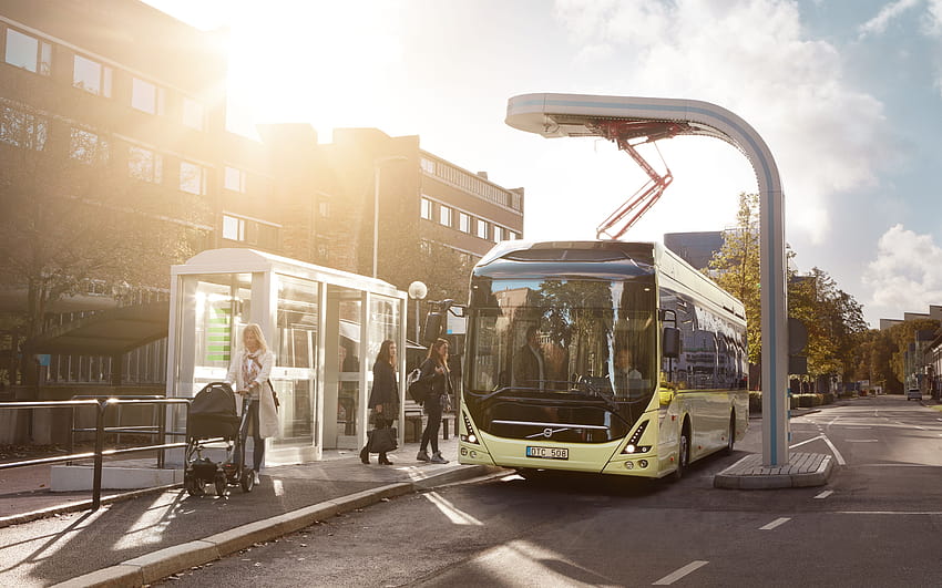 electric bus, Volvo 7900 Electric, modern buses, bus stop, recharging, passenger transportation, Volvo with resolution 5760x3600. High Quality HD wallpaper