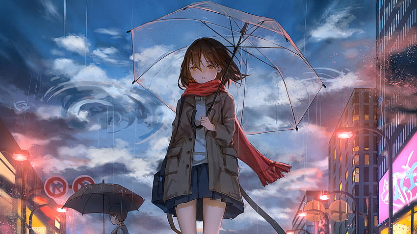 1366x768 Chica anime caminando bajo la lluvia con paraguas Resolución de 1366x768, s y fondo de pantalla