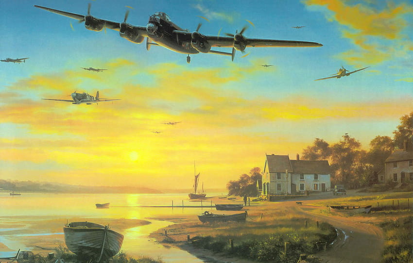 guerra, aereo, pittura, ww2, Avro Lancaster, bombardiere britannico, arte aeronautica, sezione авиация, bombardiere Avro Lancaster Sfondo HD